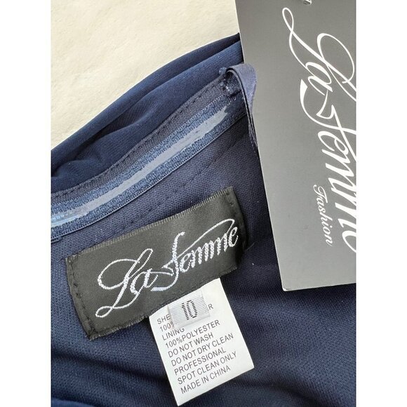 New La Femme Size 10 Off the Shoulder Ruched Floor Length Gown Navy - Picture 4 of 13